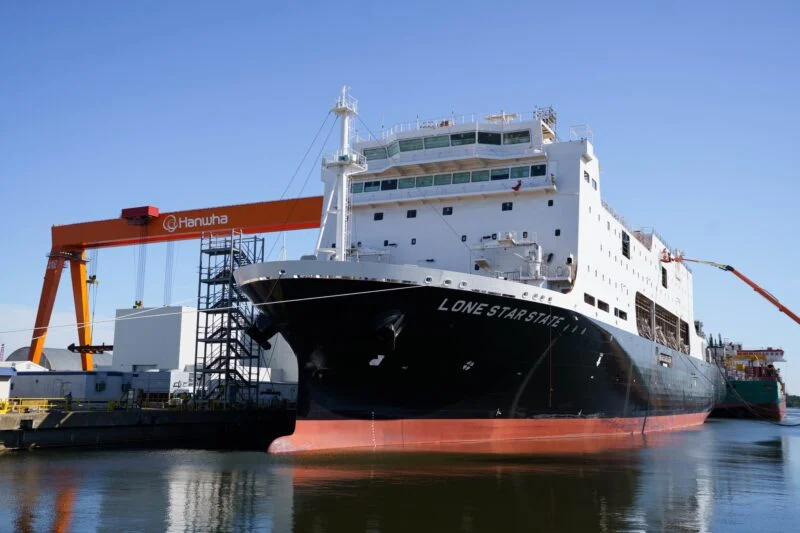 A National Security Multi-Mission vessel pictured at Hanwha Philly Shipyard in Philadelphia, Pennsylvania