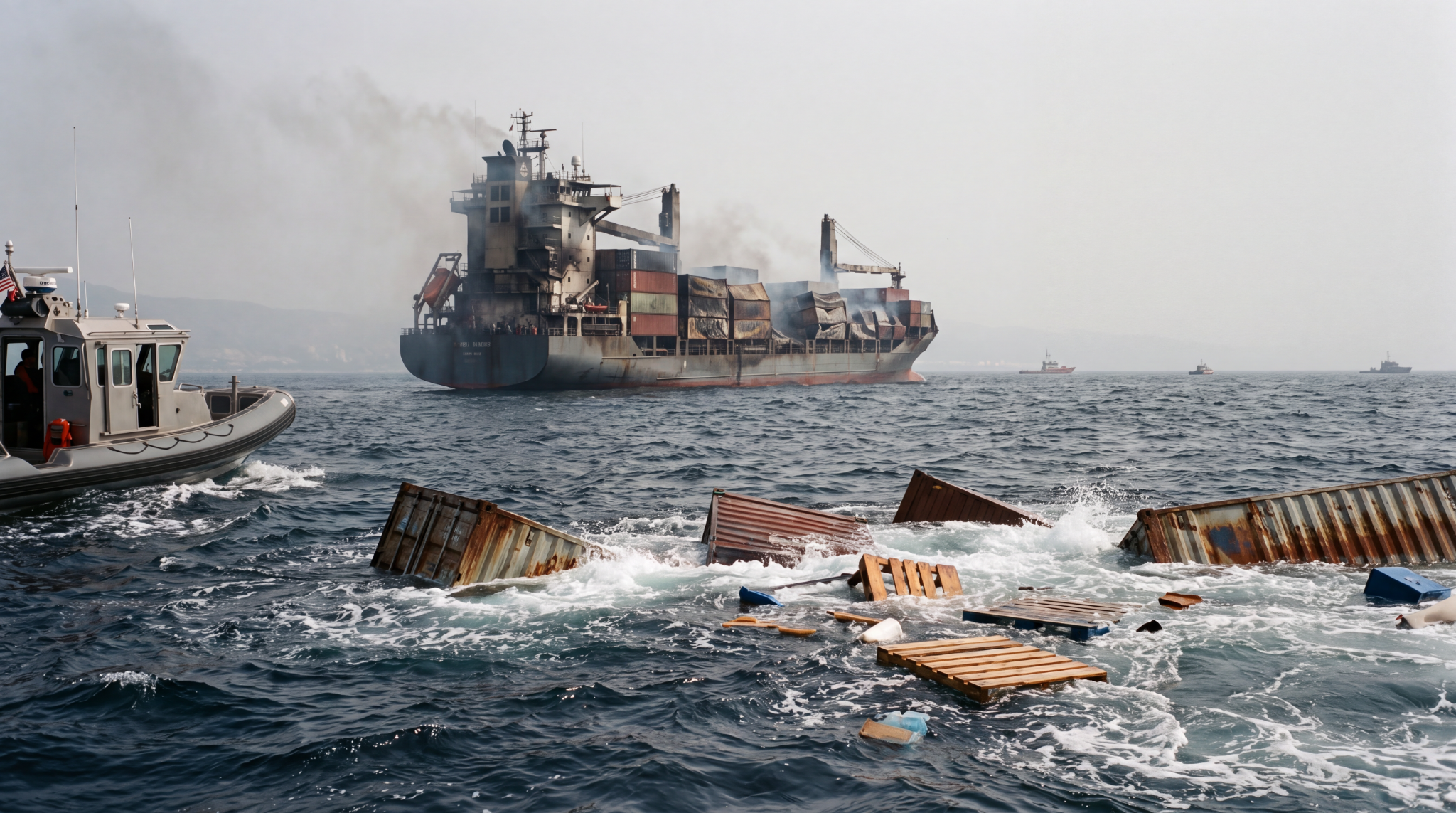 AI-generated editorial illustration of a damaged container vessel with floating containers near a rugged maritime coastline.