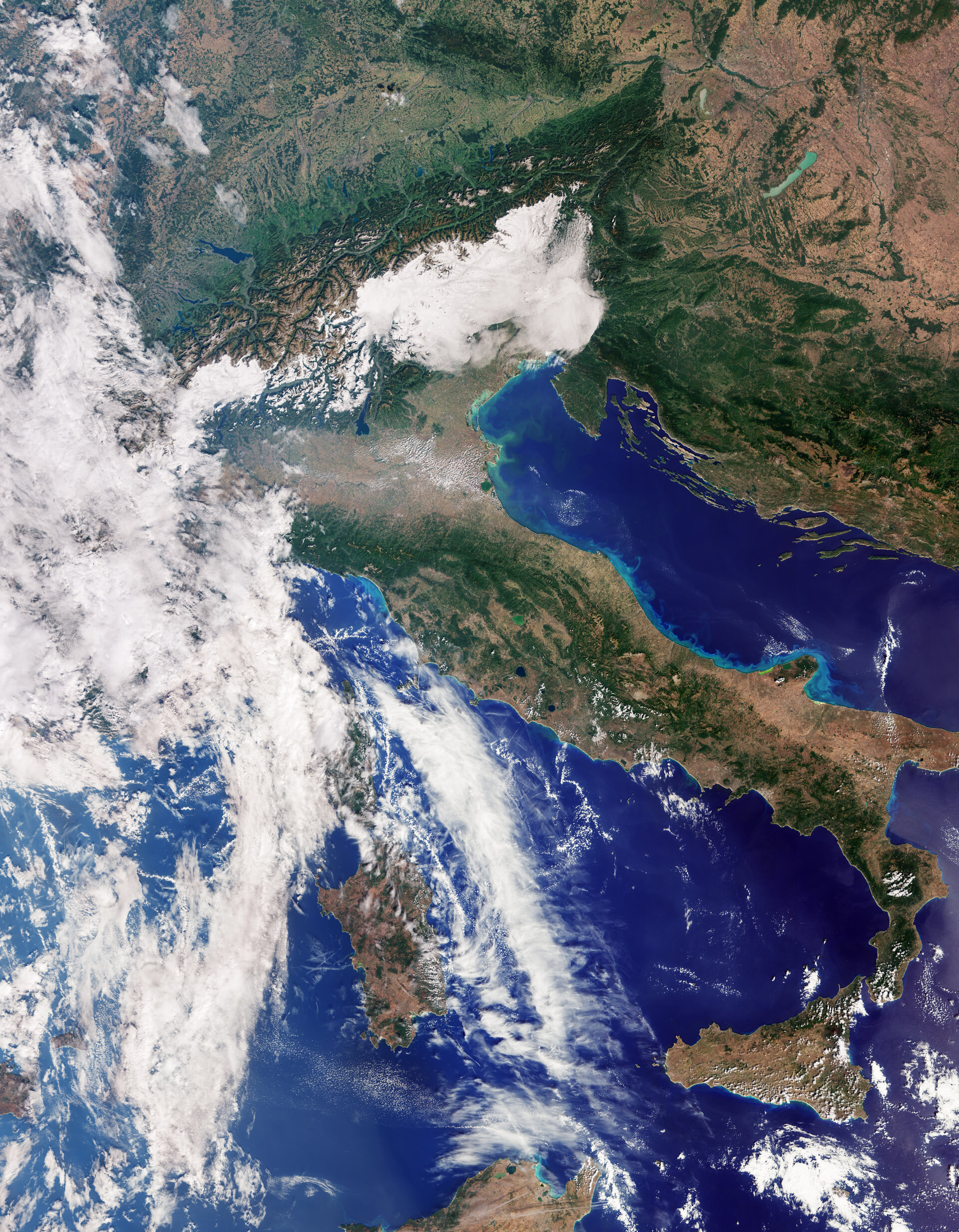 Italy and the Mediterranean imaged by Sentinel-3C on 30 September 2026 during commissioning. Not an operational maritime service result.